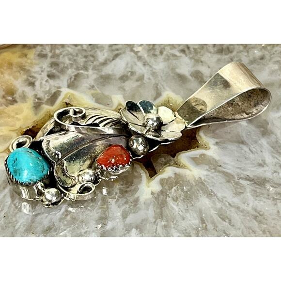 Large Vintage Native Navajo Turquoise Coral Sterling Silver Pendant 2.5” Signed - Picture 4 of 13